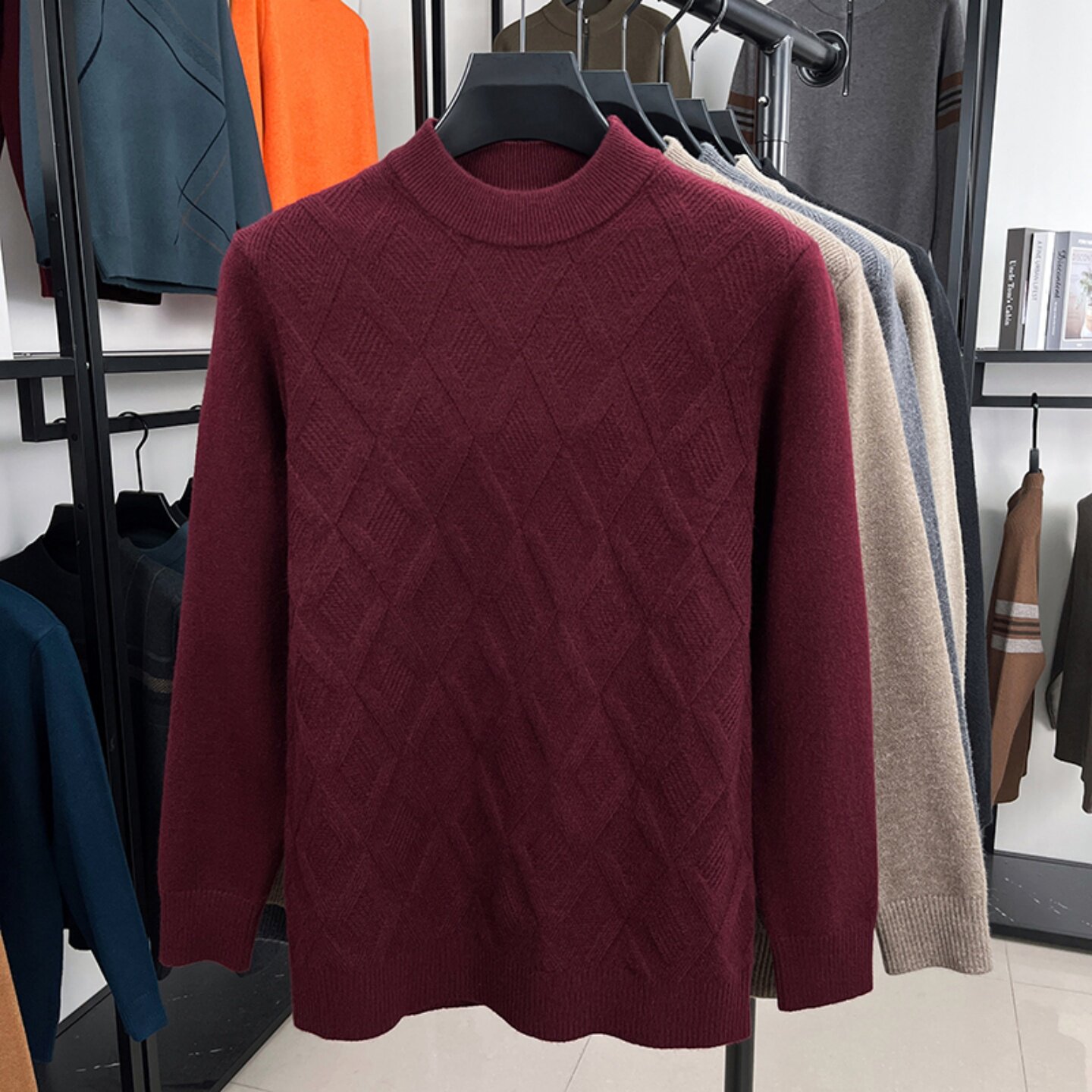 男士长袖毛衣中老年人爸爸秋冬装加绒针织打底衫上衣服本命年红色