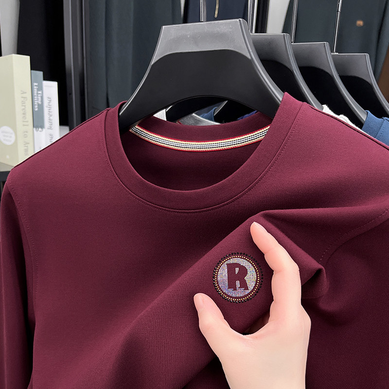 男士春秋季红色圆领长袖T恤中年爸爸装本命年婚宴婚礼服上衣卫衣