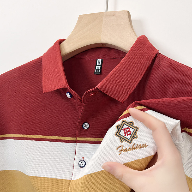 男士红色纯棉短袖T恤夏季新款中年爸爸装婚宴婚礼polo衫冰丝上衣