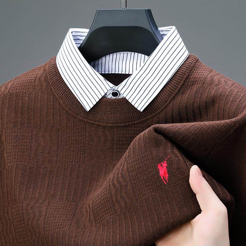 男士加厚毛衣打底针织衫秋冬季上衣真假两件套加配衬衫羊毛衫假领