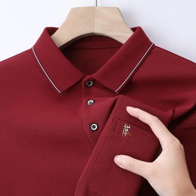 男士长袖POLO衫中年爸爸春秋装上衣带口袋喜公公红色本命年结婚宴