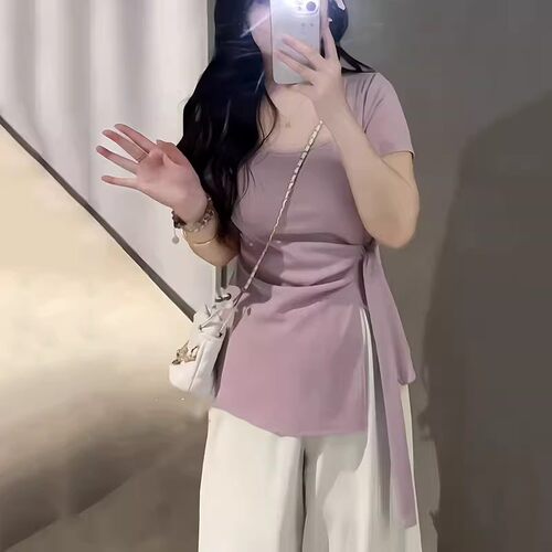 大码温柔风紫色U领正肩短袖t恤女