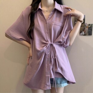 女夏季 衬衫 胖mm收腰显瘦300斤上衣 减龄洋气不规则设计感短袖 大码