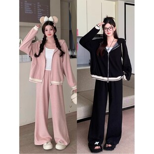 连帽上衣胖MM遮肉显瘦阔腿裤 女春秋季 子两件套 休闲套装 300斤大码