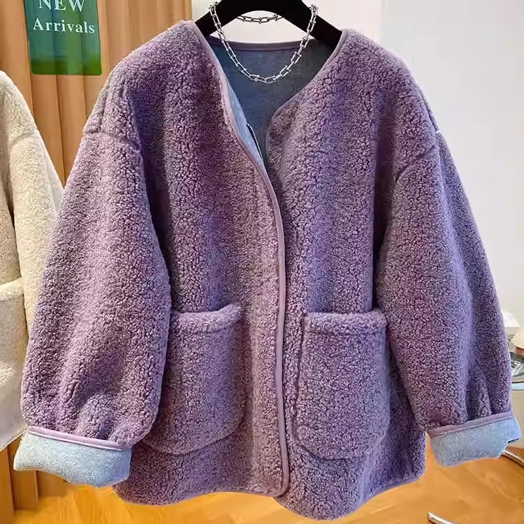 大码紫色羊羔毛外套女秋冬季胖MM