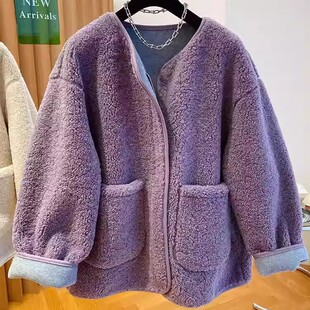 大码紫色羊羔毛外套女秋冬季胖MM300斤加绒加厚宽松显瘦保暖上衣