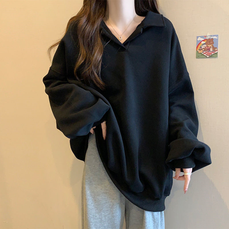 春秋胖mm显瘦百搭大翻领长袖卫衣