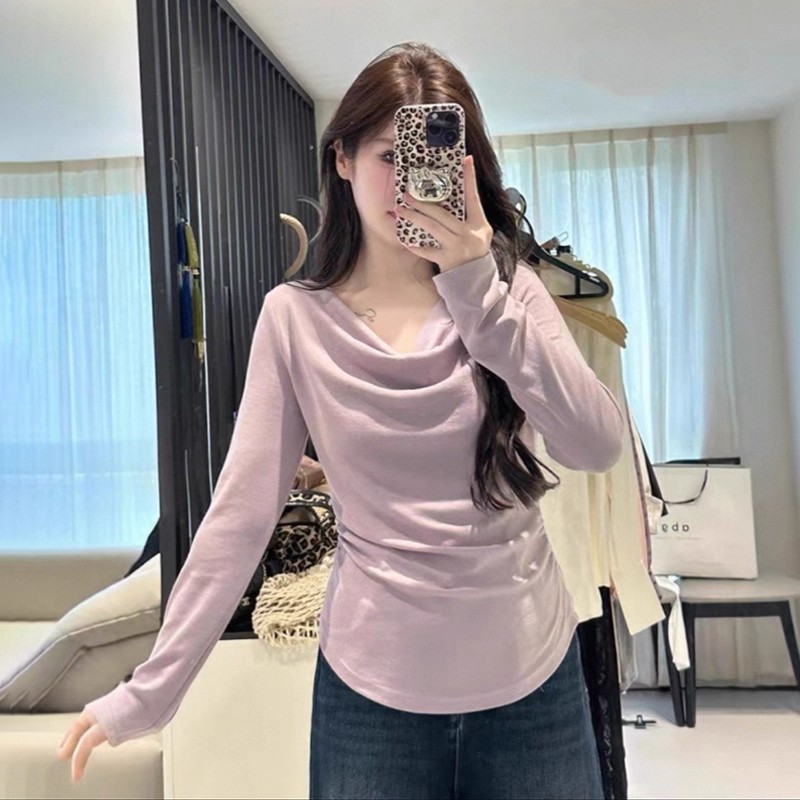 大码胖mm纯欲风荡领修身长袖T恤