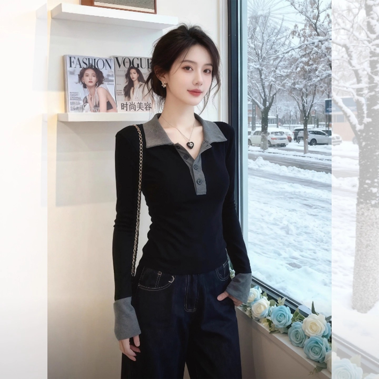 黑灰色polo领修身内搭长袖T恤女