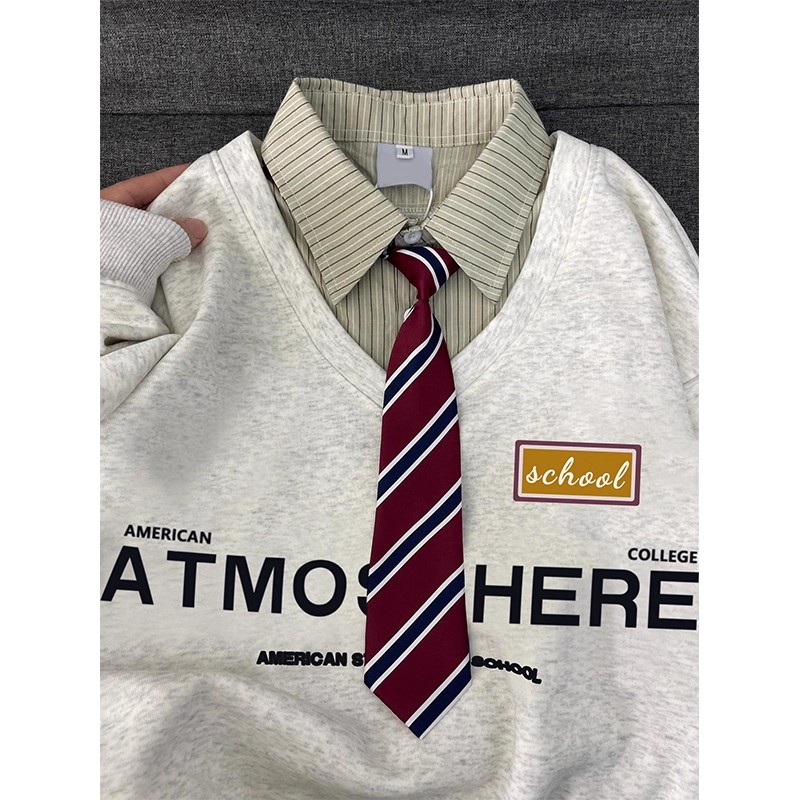 美式学院风polo领带假两件卫衣女