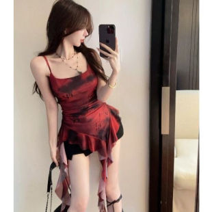 300斤不規則辣妹外穿吊帶背心女大碼 印花荷葉邊jazz上衣 胖mm夏季