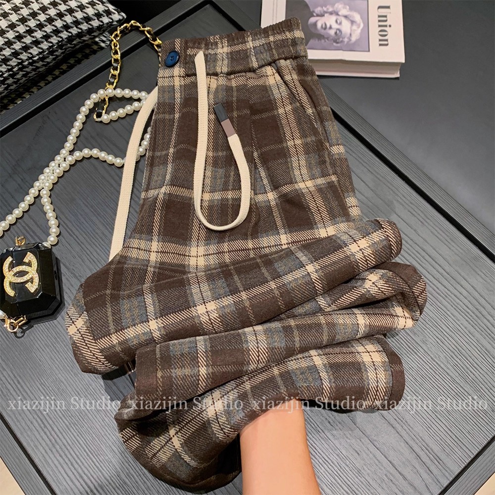 大码撞色格子裤女秋冬胖mm300斤