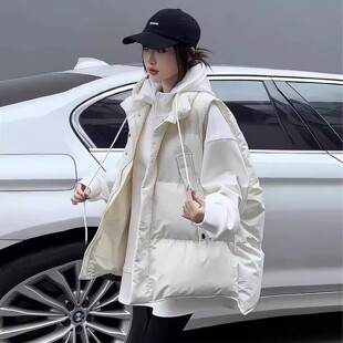 大码欧货羽绒服马甲女中长款秋冬胖mm300斤立领百搭保暖背心马夹