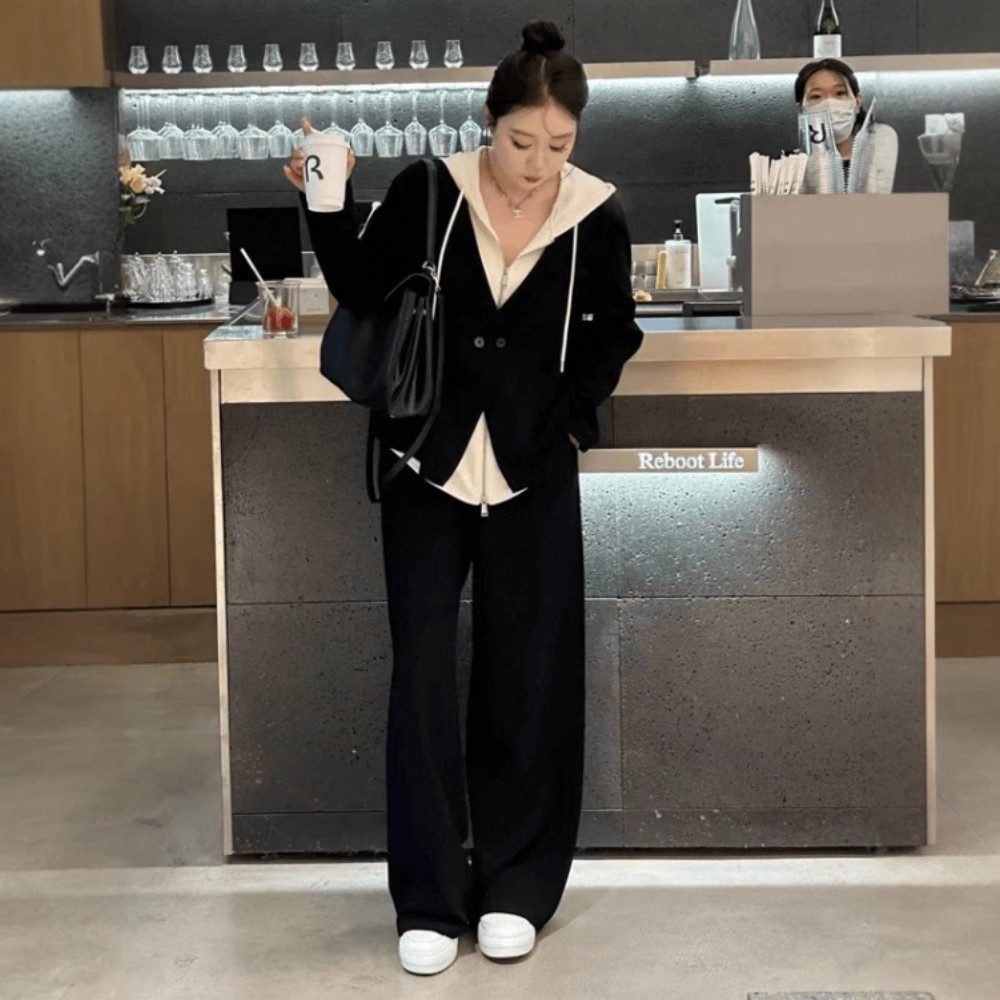 大码假两件上衣裤子巨显瘦套装女