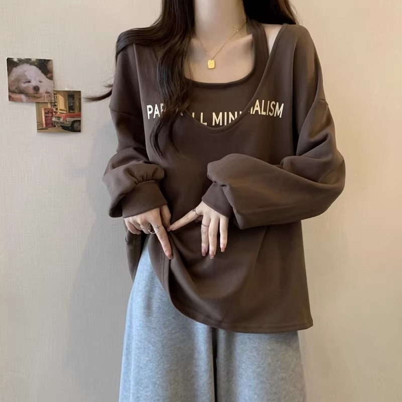 大码胖mm休闲长袖卫衣套装女吊带