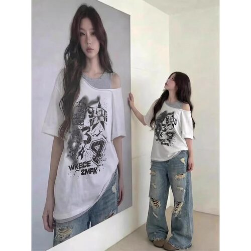 美式假两件露肩短袖t恤女士夏季