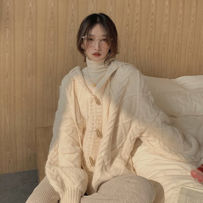 大码胖mm慵懒风宽松连帽毛衣外套