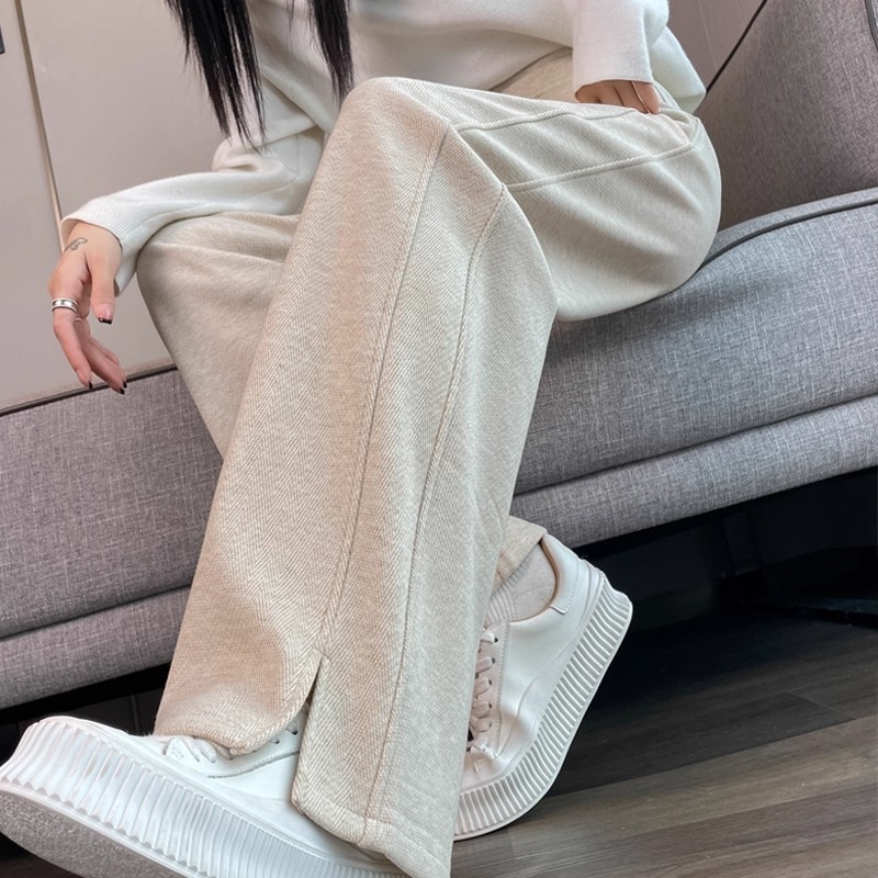 大码人字纹加绒阔腿裤女秋冬胖mm