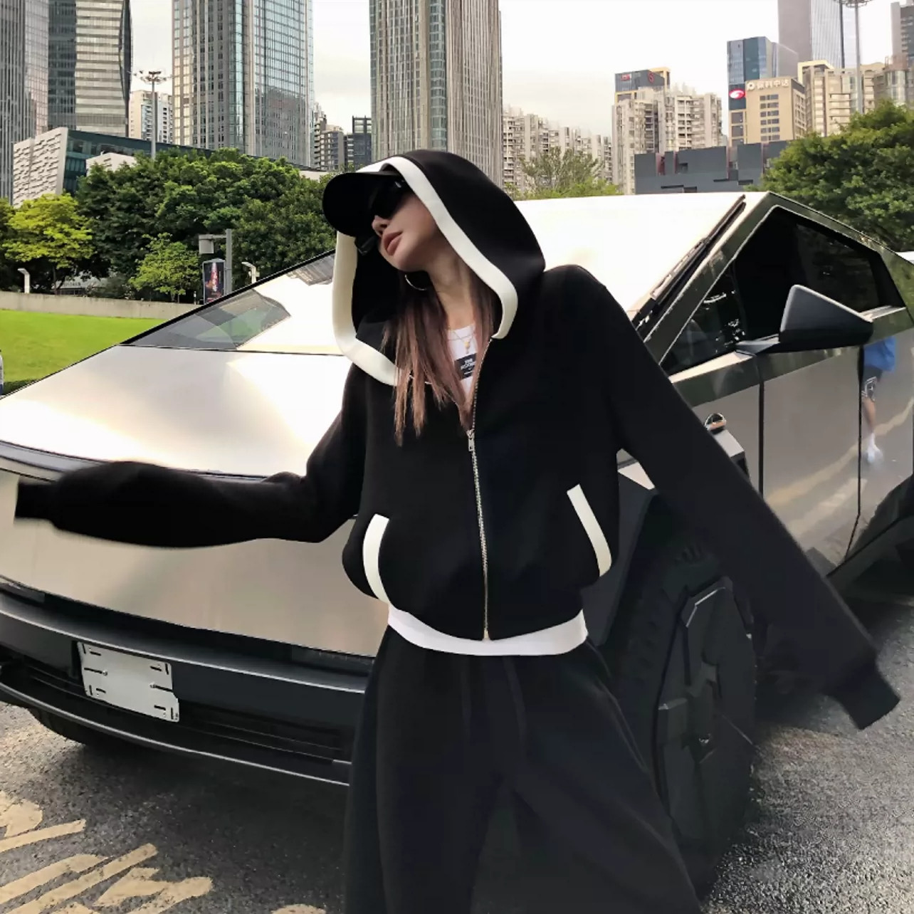 大码美式复古运动服套装女春秋季胖mm300斤连帽卫衣阔腿裤两件套