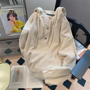 大码日系古着vintage灯芯绒加厚连帽卫衣女秋冬宽松胖mm300斤外套