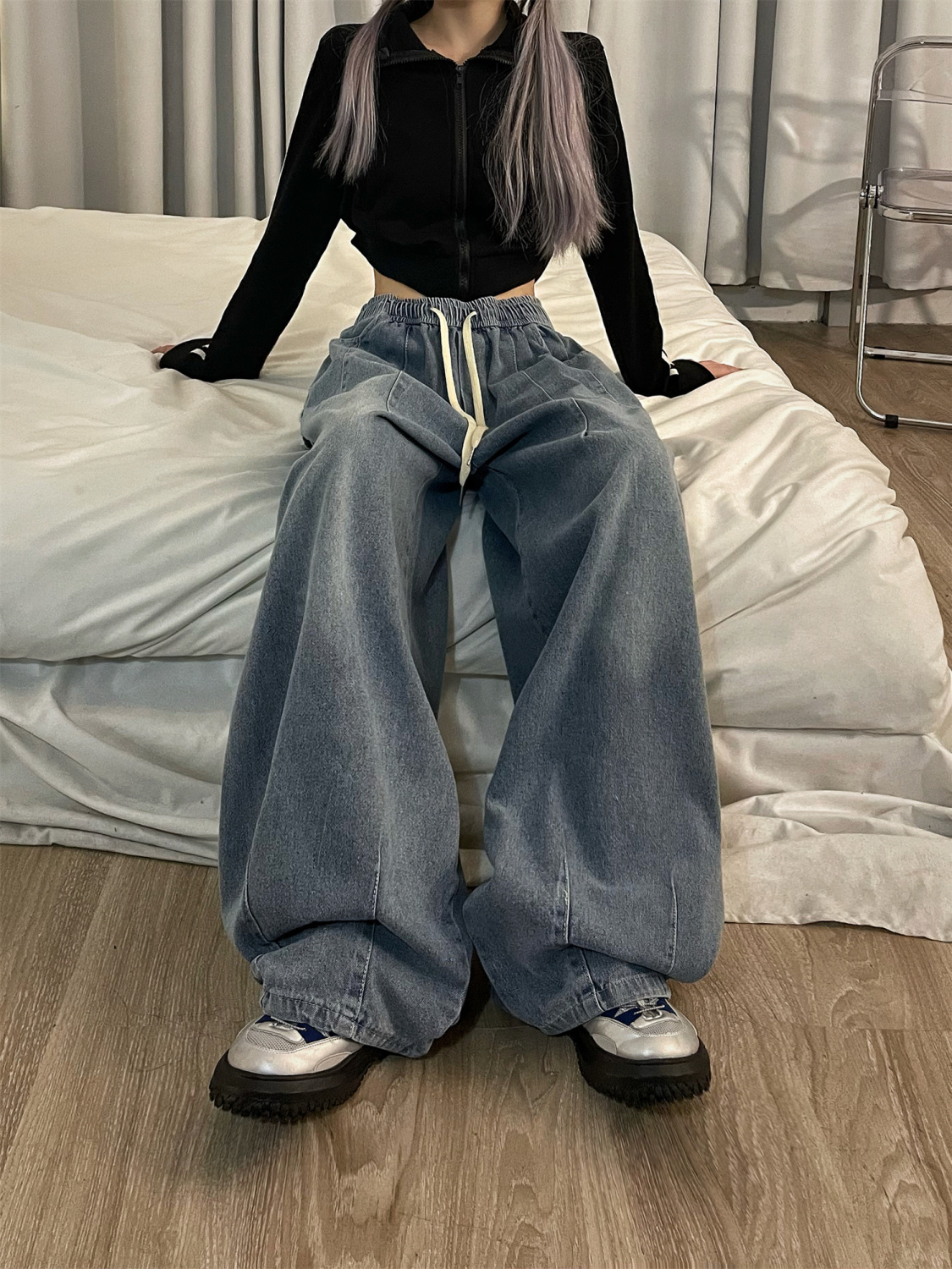 美式复古牛仔裤女胖mm休闲阔腿裤