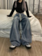 显瘦休闲阔腿裤 大码 女胖mm宽松拖地灯笼裤 复古牛仔裤 子 300斤美式