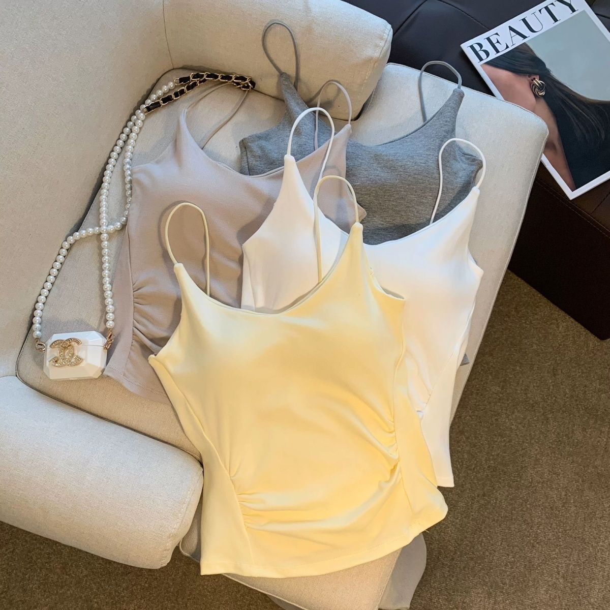 大码胖mm纯欲风褶皱吊带背心女