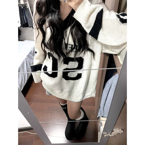 秋冬撞色慵懒风v领毛衣女针织衫