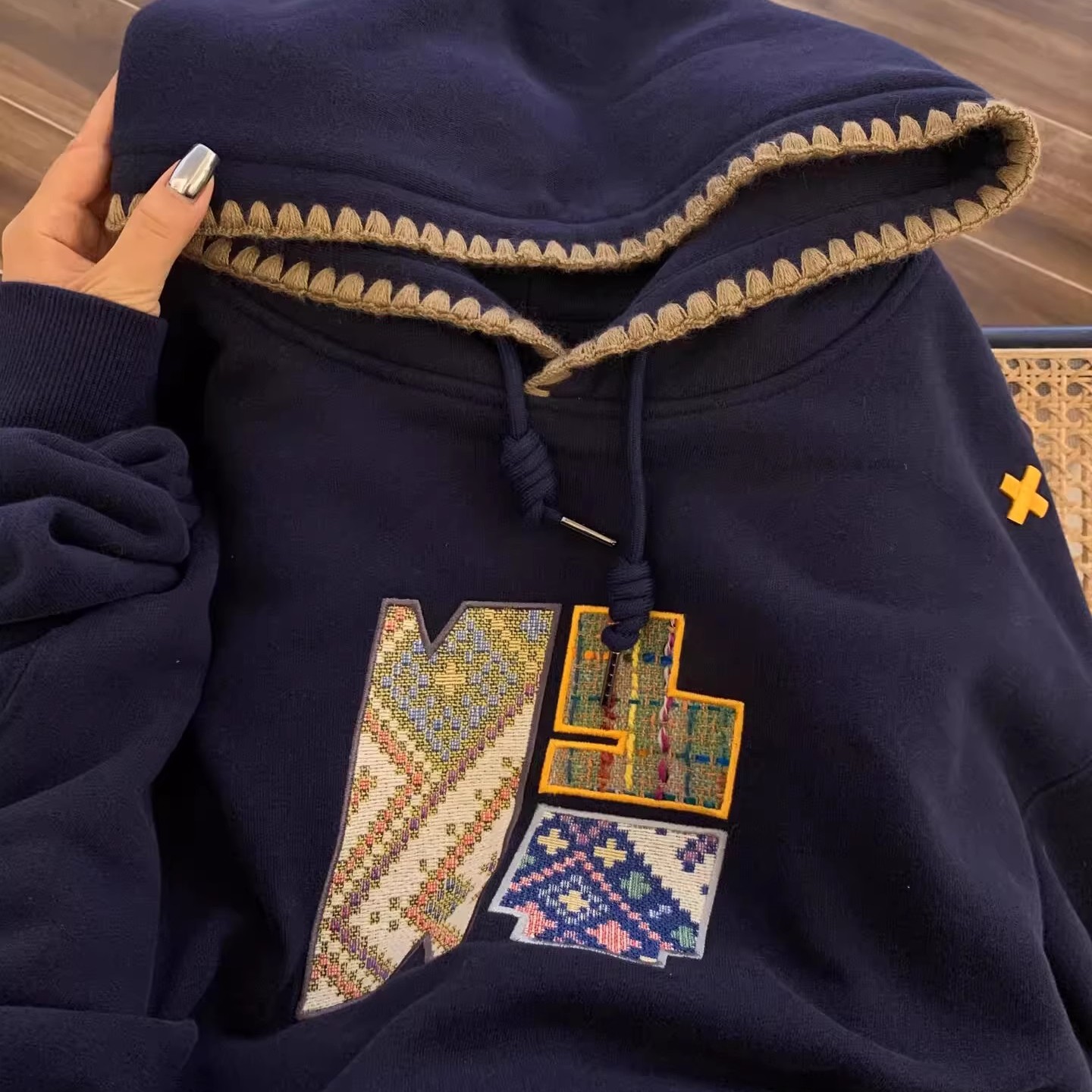 秋冬美式复古藏蓝色连帽卫衣女士