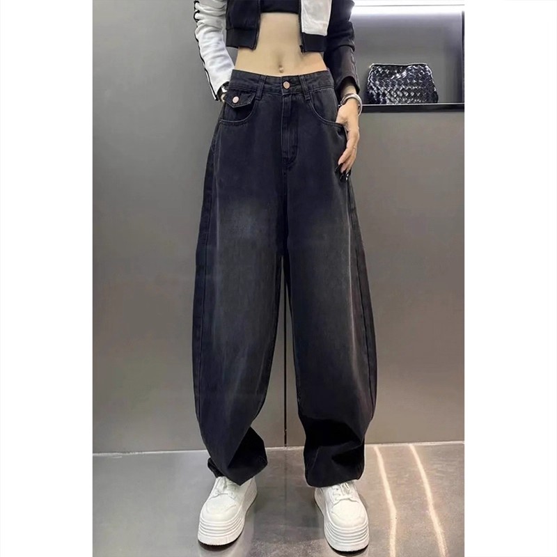 黑色阔腿哈伦牛仔裤女春秋老爹裤