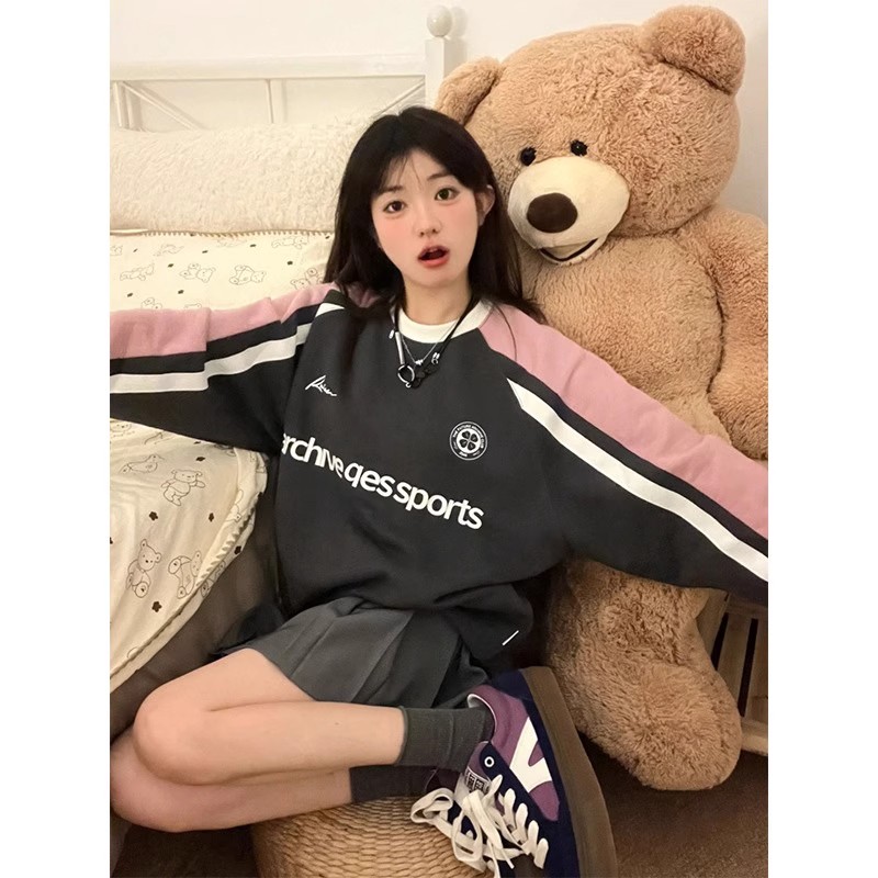 大码300斤胖mm撞色插肩袖卫衣女