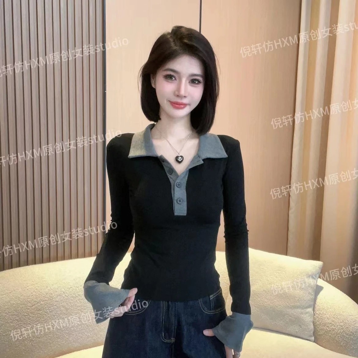 美式撞色拼接polo领长袖T恤女士