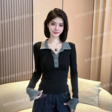 大码胖mm美式撞色拼接polo领长袖T恤女秋冬内搭300斤显瘦上衣打底
