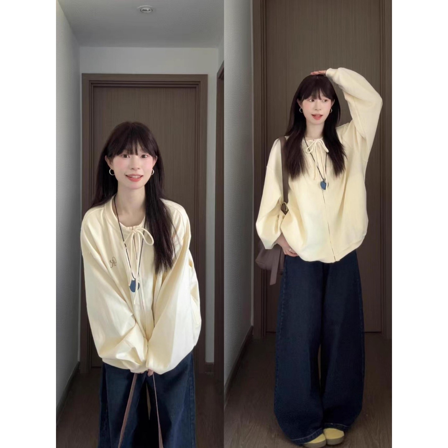 韩系慵懒奶呼呼的开衫抽绳卫衣女