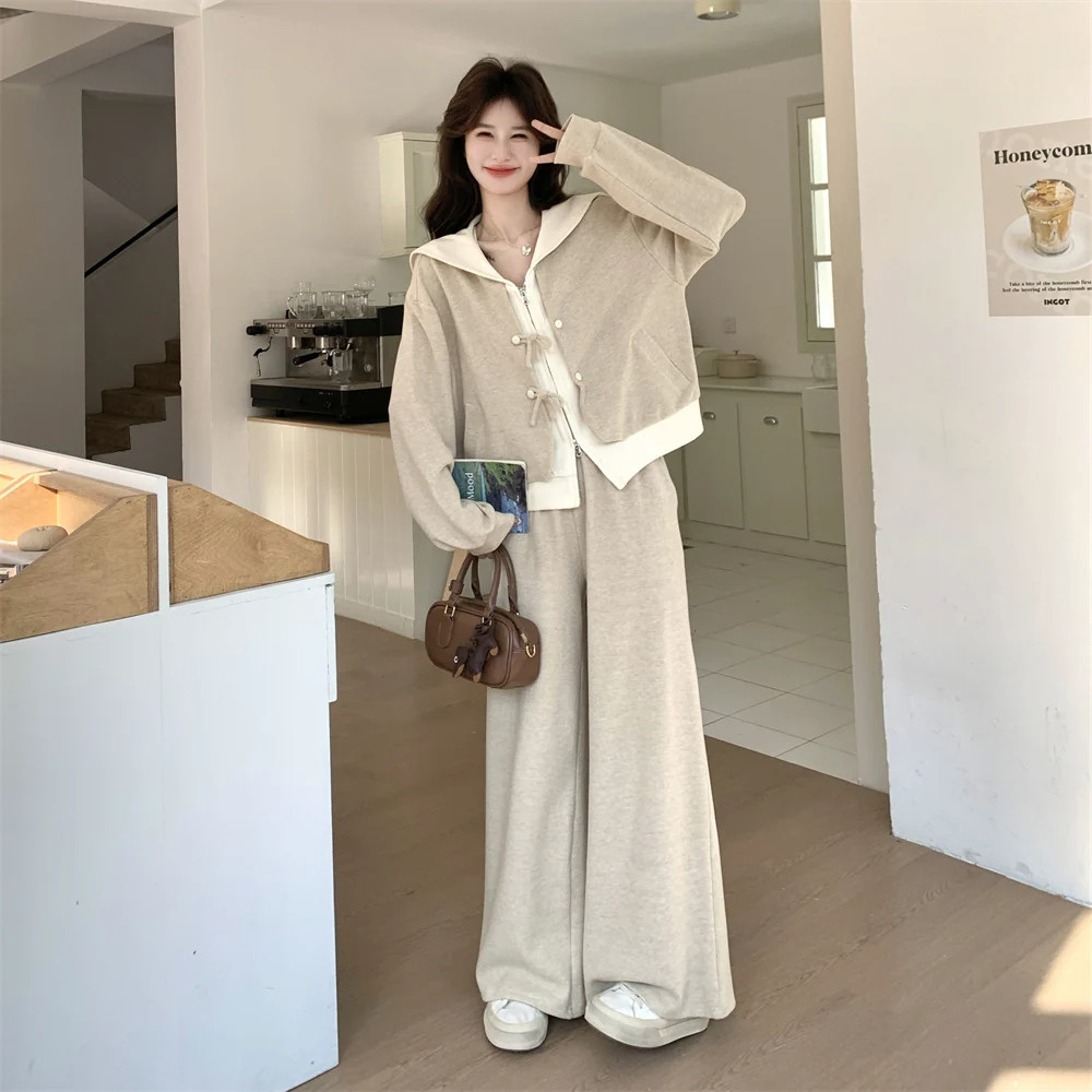 大码海军领休闲卫衣运动套装女春秋季胖mm300斤阔腿裤两件套爆款
