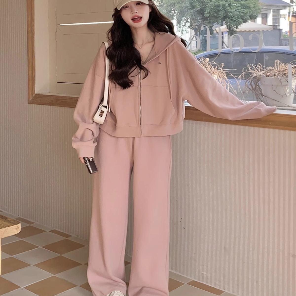 大码粉色休闲运动套装女春秋款