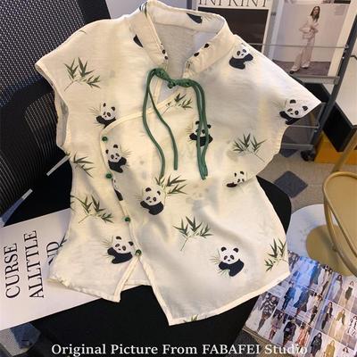 大码新中式熊猫印花衬衫女夏季