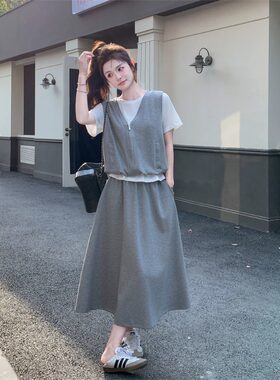 大码灰色薄款短袖卫衣套装裙女夏