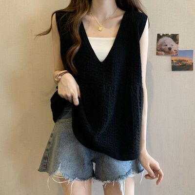 辣妹外穿吊带背心镂空V领上衣女