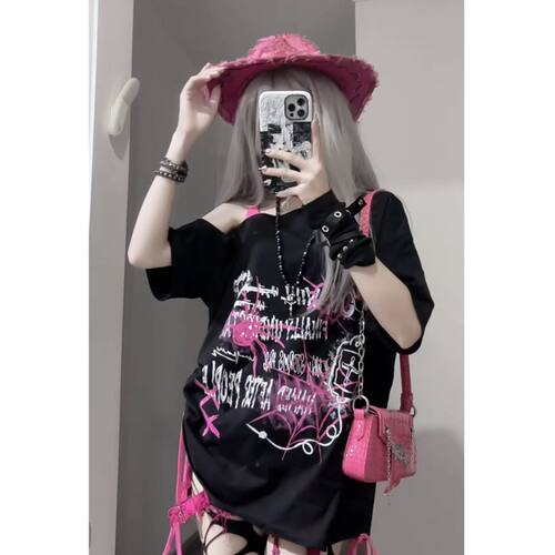 斜领露肩宽松t恤抽绳短袖上衣女