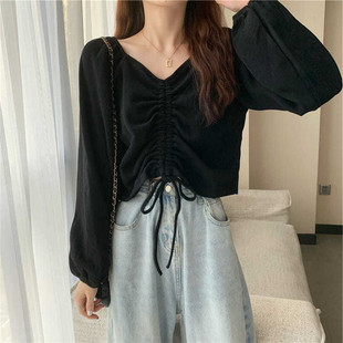 上衣打底衫 胖mm300斤大码 宽松设计感短款 T恤女早秋季 抽绳v领长袖