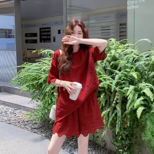 胖mm2 女夏季 300斤巨好看气质一整套 红色镂空绣花小香风套装 大码