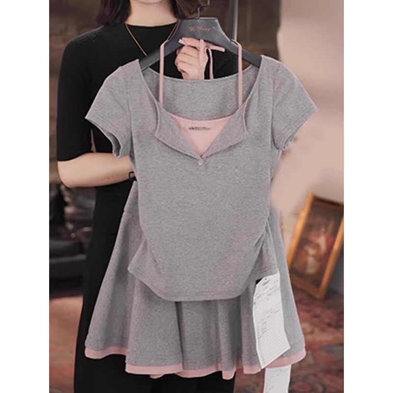 大码显高炸街套装夏季胖mm300斤学院风撞色修身辣妹上衣短裙女装