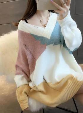 网红大码mm300超火宽松v领毛衣
