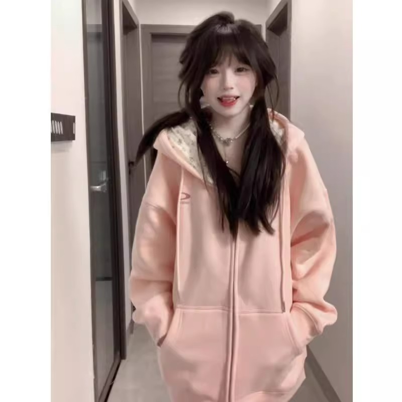 大码粉色碎花拼接开衫卫衣外套女