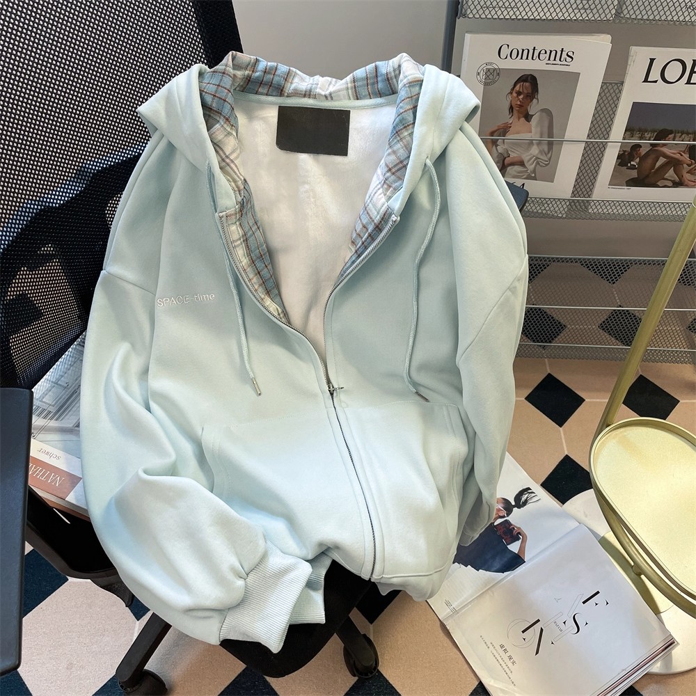 韩系薄荷绿格子拼接卫衣开衫女士