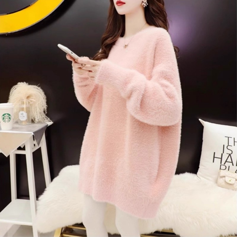 粉色奶fufu慵懒水貂绒毛衣女秋冬