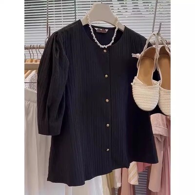 法式漂亮减龄排扣短袖衬衫女夏季