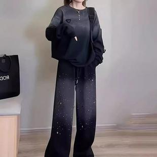 休闲运动套装 阔腿裤 女春秋季 300斤宽松欧货卫裤 两件套 胖mm2 大码