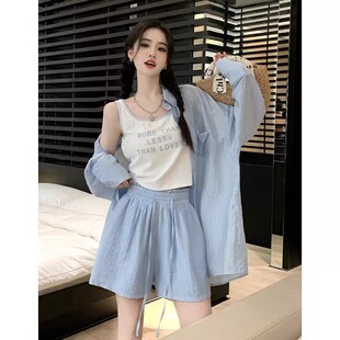 300斤大码时尚套装女夏季长袖防晒衬衣胖MM吊带背心休闲裤三件套